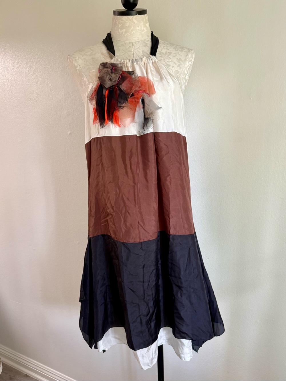 Rozae Nichols dress Y2K 100% Silk Fall Halter Orange White Black Dress Small
